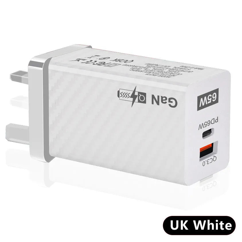 Gallium Nitride 65W laptop charger in black or white with compact dimensions and multiple electrical plug options