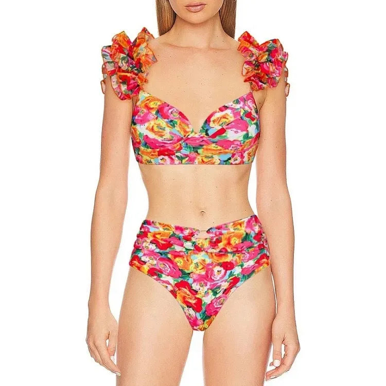 Women's floral print push up bikini with high-waist split design on mannequin