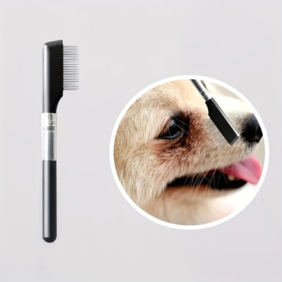 Black ambidextrous pet grooming brush with soft bristles and a fine-tooth comb for dogs and cats.