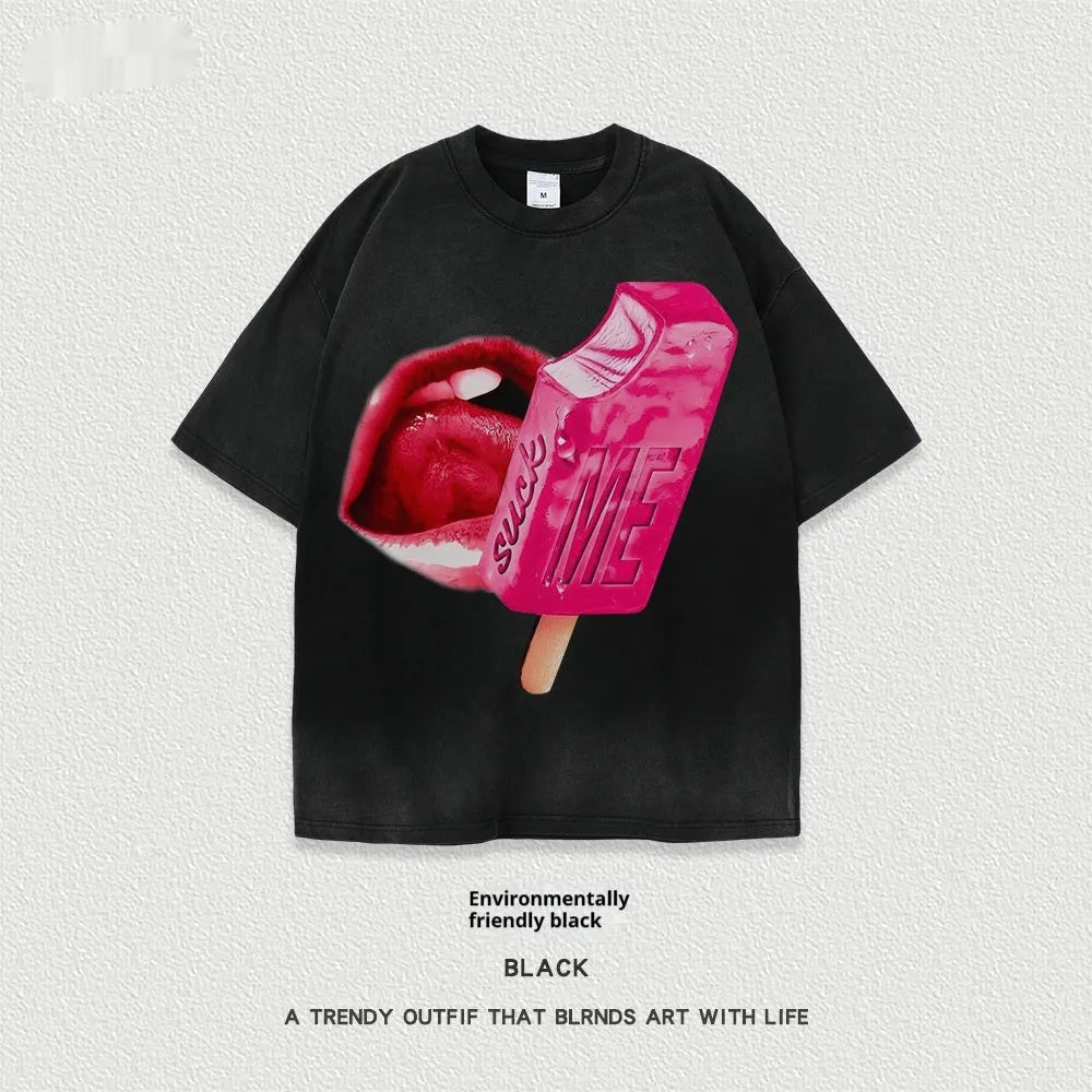 Heavy washed cotton t-shirt with cartoon print in multiple colour options