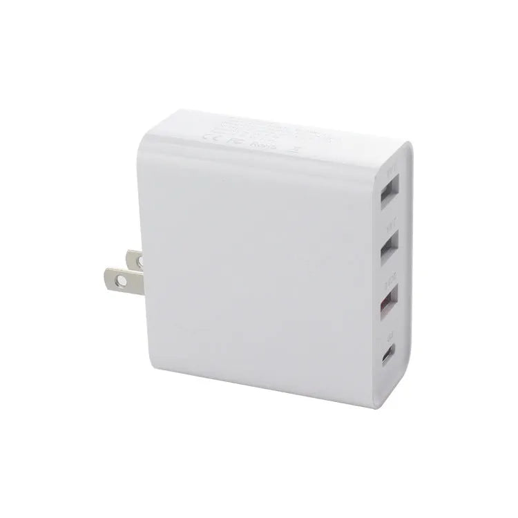 Black and white 48W USB-C PD charger with four ports and AU, EU, UK, US plug adapters