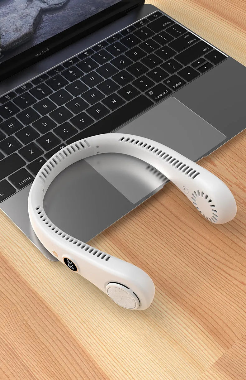 Blue USB rechargeable bladeless neck fan with a soft silicone neckband.