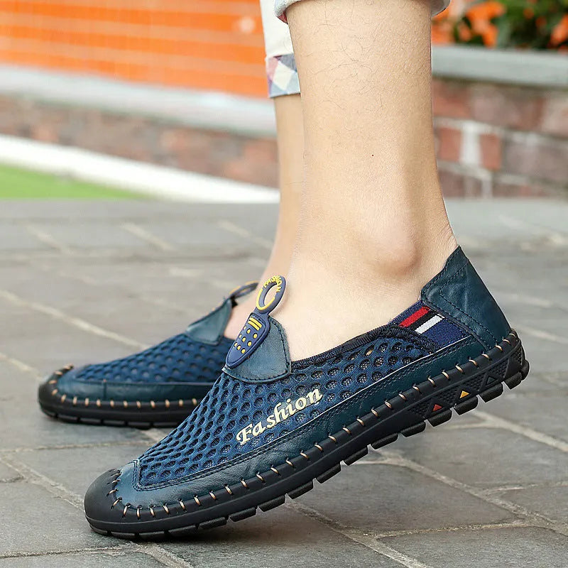 Men's brown casual shoes with mesh upper and rubber soles