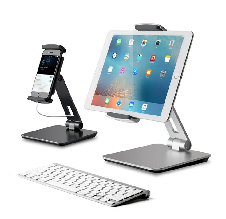 Folding desktop phone tablet stand in silver with 360-degree rotation feature