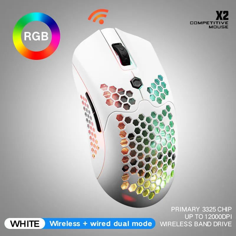 Free Wolf X2 wireless gaming mouse showing RGB lighting and ambidextrous symmetrical design