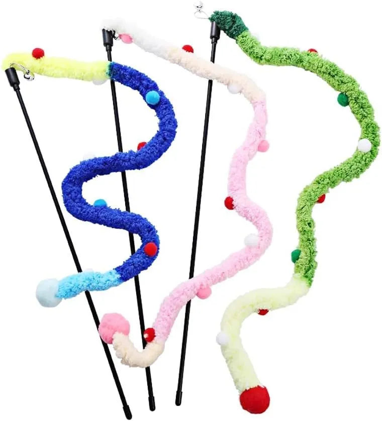 Blue cat wand toy with 41cm pole, 60cm plush strip, and colourful fluffy ball with bells