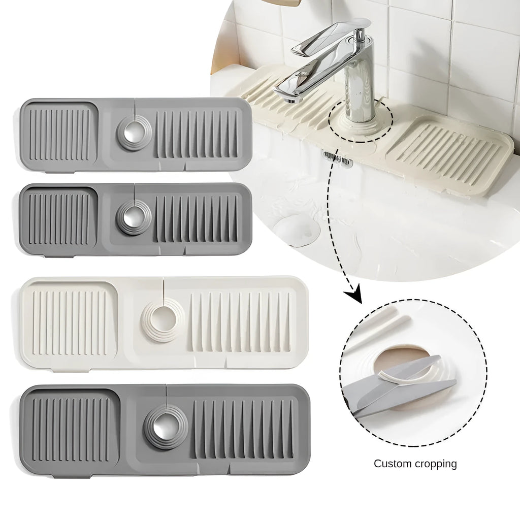 Silicone sink splash guard pad in beige colour showing sloped design with two drain channels.