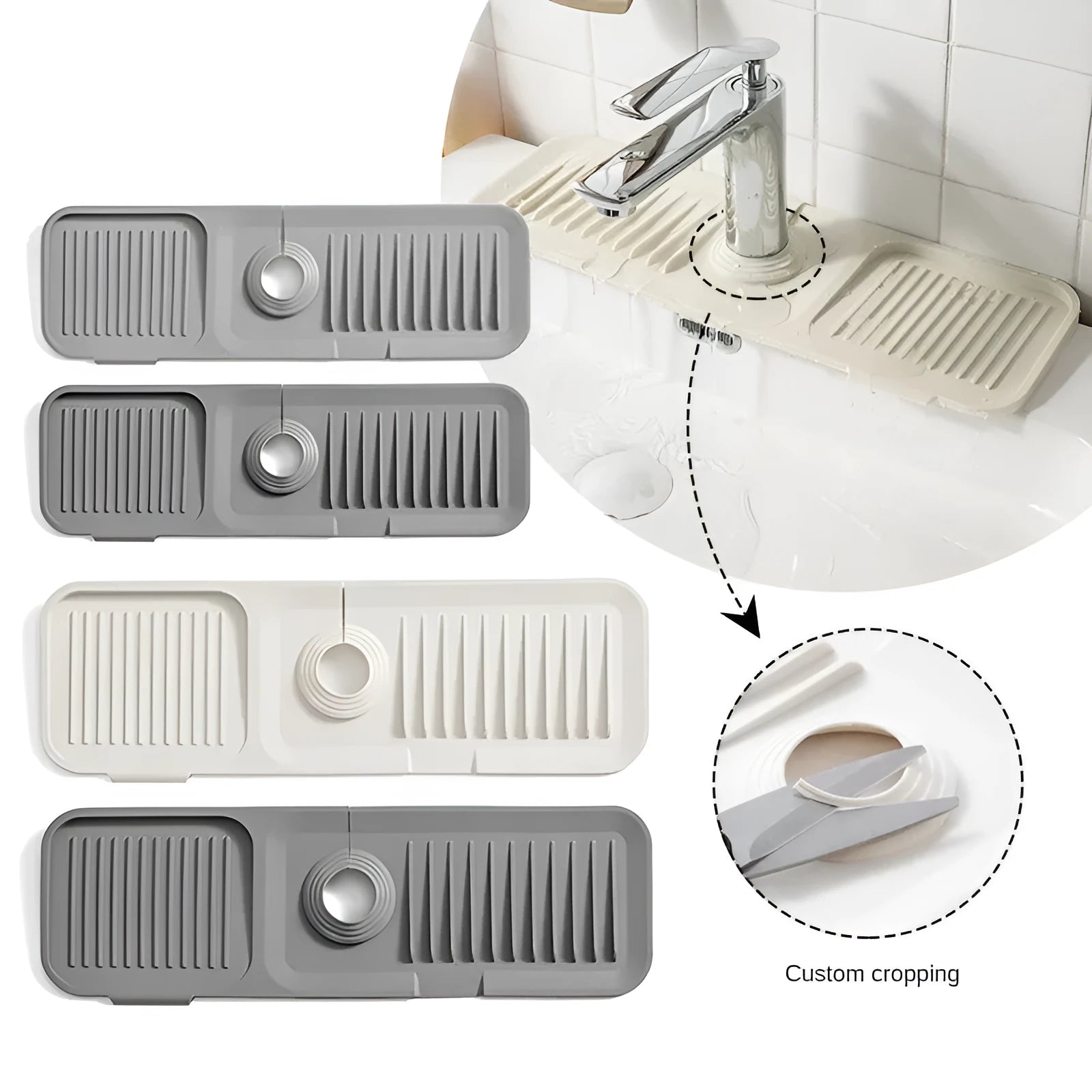 Silicone sink splash guard pad in beige colour showing sloped design with two drain channels.