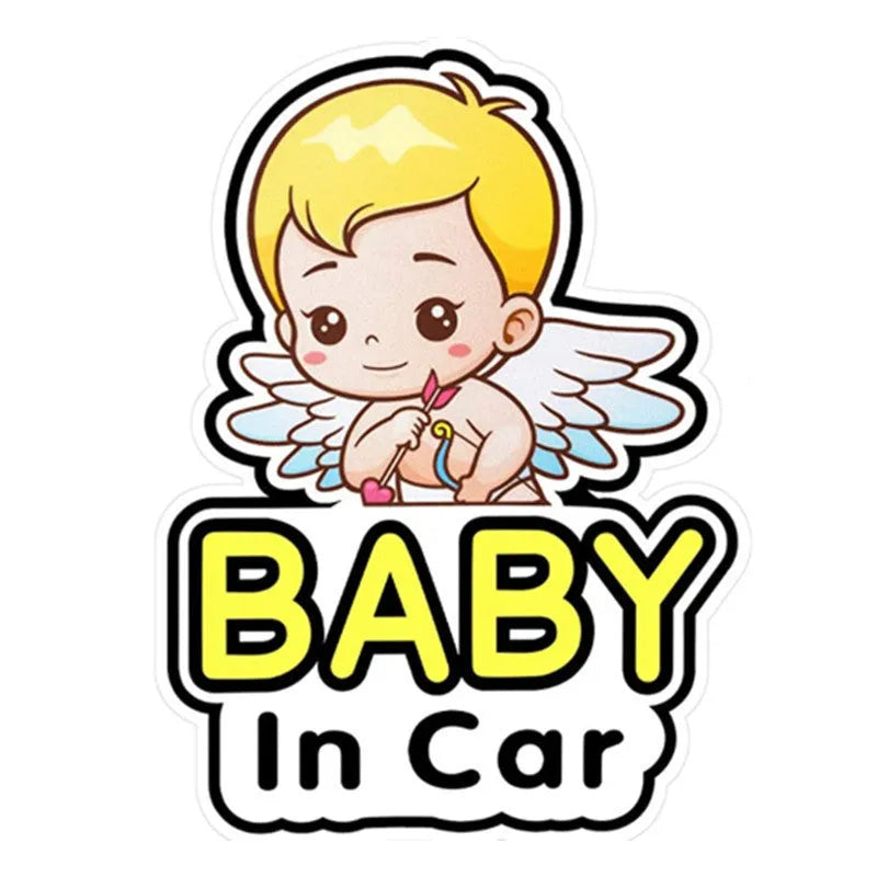 Baby On Board reflective car sticker showing baby character designs with feeding bottle, measuring specific centimetre dimensions