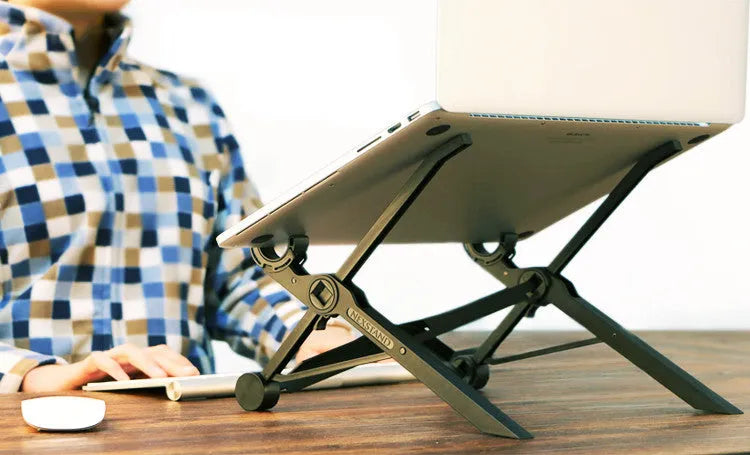 Black folding portable laptop stand with adjustable height, shown folded to 35.4cm size.