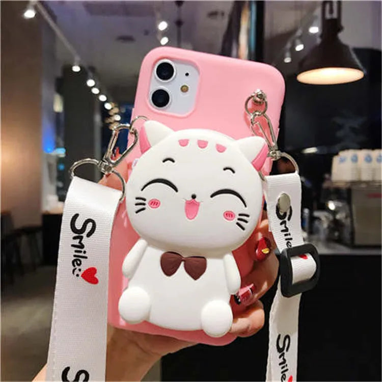 Cartoon camouflage silicone wallet case for Huawei phones in various colours, showing card slots.