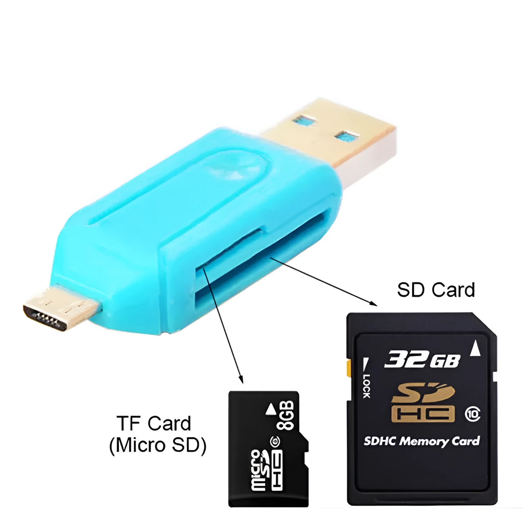 White OTG card reader with micro USB plug for Android phones and computers, showing SD and TF card slots.