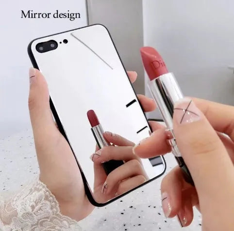 Black iPhone mirror phone case showing reflective back, compatible with iPhone X and 7/8 Plus models.