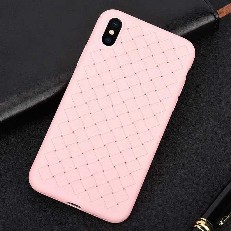 Luxury grid weaving pattern TPU phone case for iPhone, shown in multiple colours.