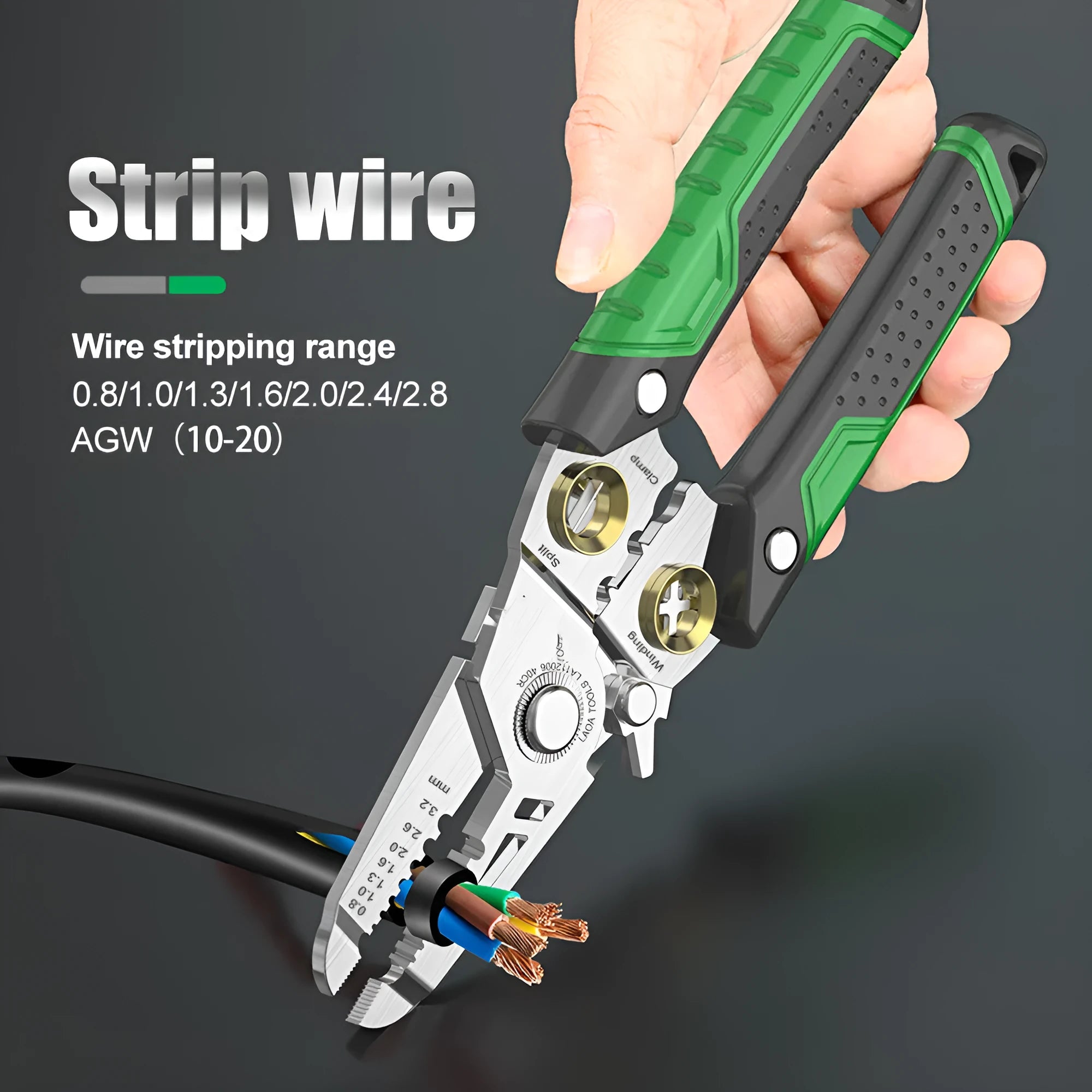 Stainless steel wire stripper tool with seven stripping holes and two-colour ABS handles.
