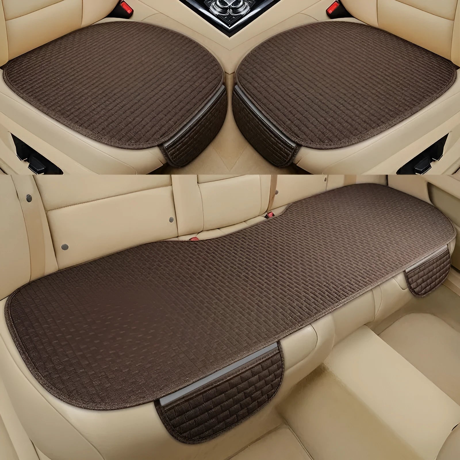 Linen plaid car cushion set in charm coffee colour showing hemming style on car seat