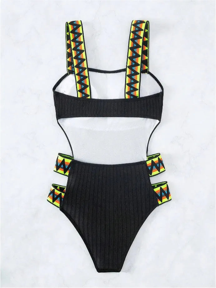 Women's solid colour one-piece swimsuit in black or orange options with Asian sizing