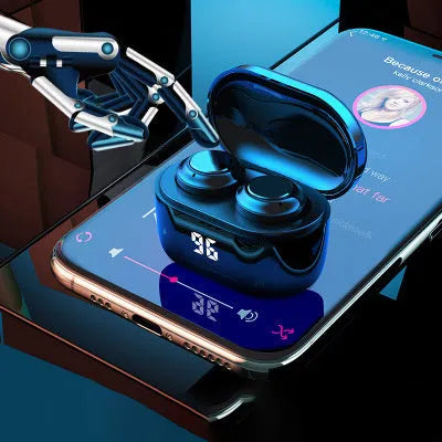 Black bilateral earplug-style stereo Bluetooth headset with Bluetooth 5.0 and NFC.