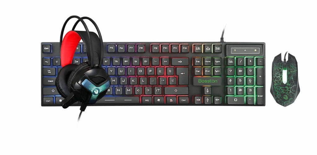 Thunder Wolf T800 and Spirit Snake wired gaming keyboard, mouse, headset, and mouse mat four-piece sets on a desk