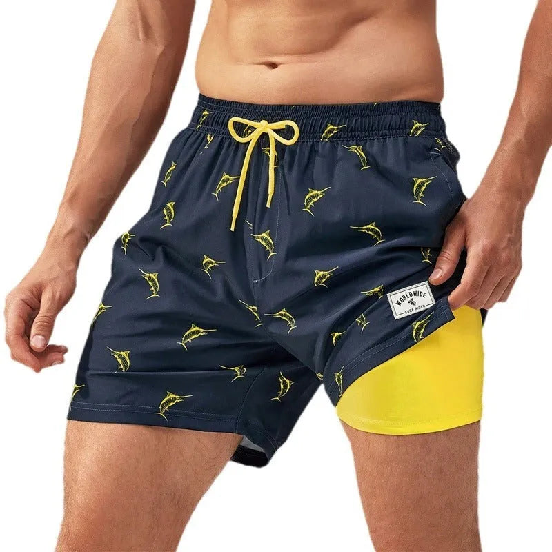 Men's quick-dry swimming trunks with floral pattern and loose boxer design