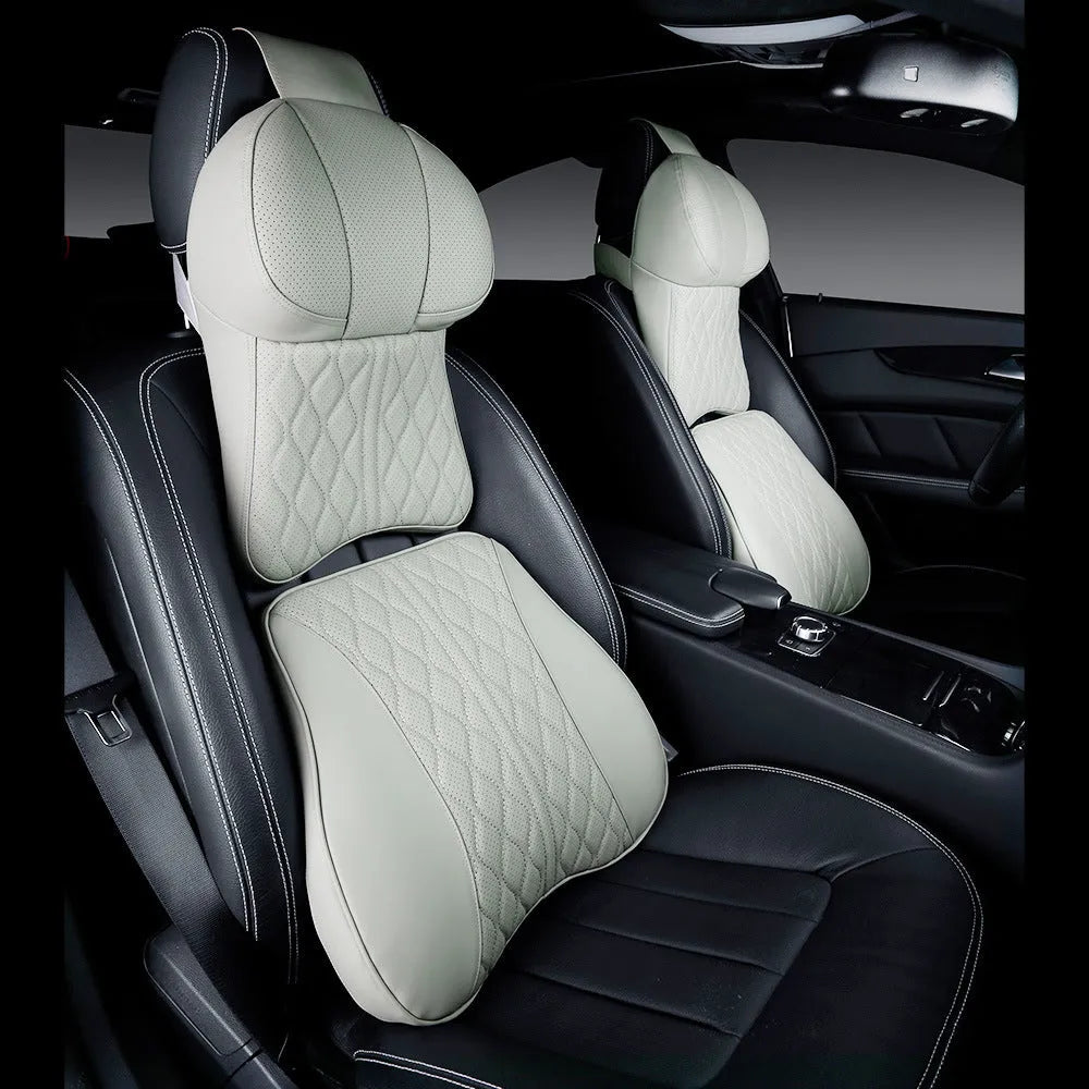 Car neck pillow and lumbar support set with leather embroidery wavy pattern in beige colour