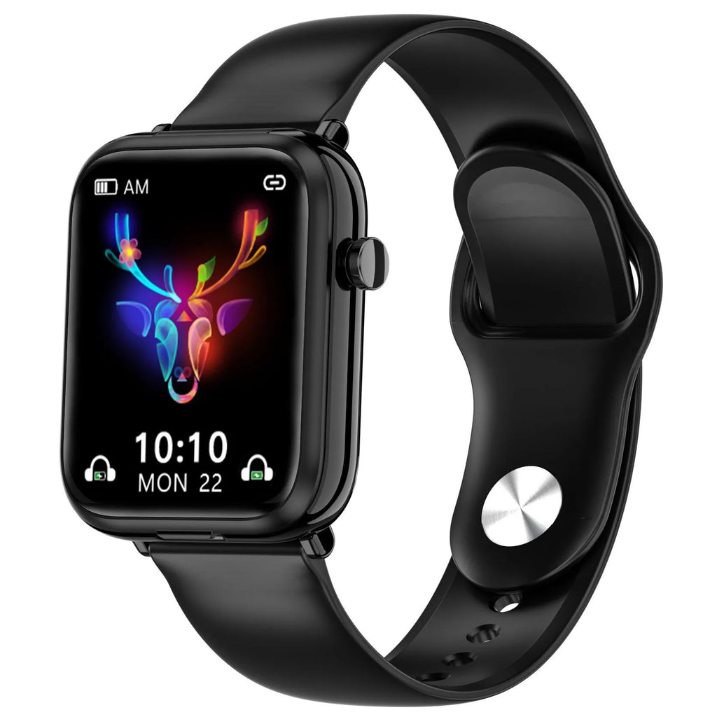 Black smartwatch with touch screen and detachable Bluetooth earbuds in charging case