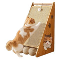 Vertical cat scratching board mounted on wall with sisal scratching surface and hemp rope toy ball
