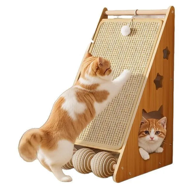 Vertical cat scratching board mounted on wall with sisal scratching surface and hemp rope toy ball