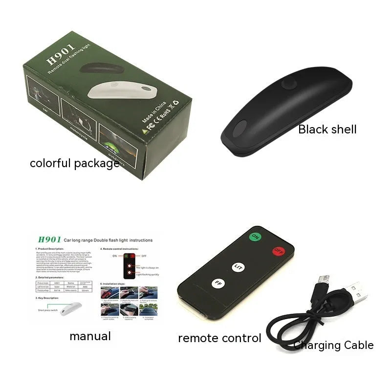 Black remote-controlled car strobe light with wireless remote for anti-collision visibility enhancement