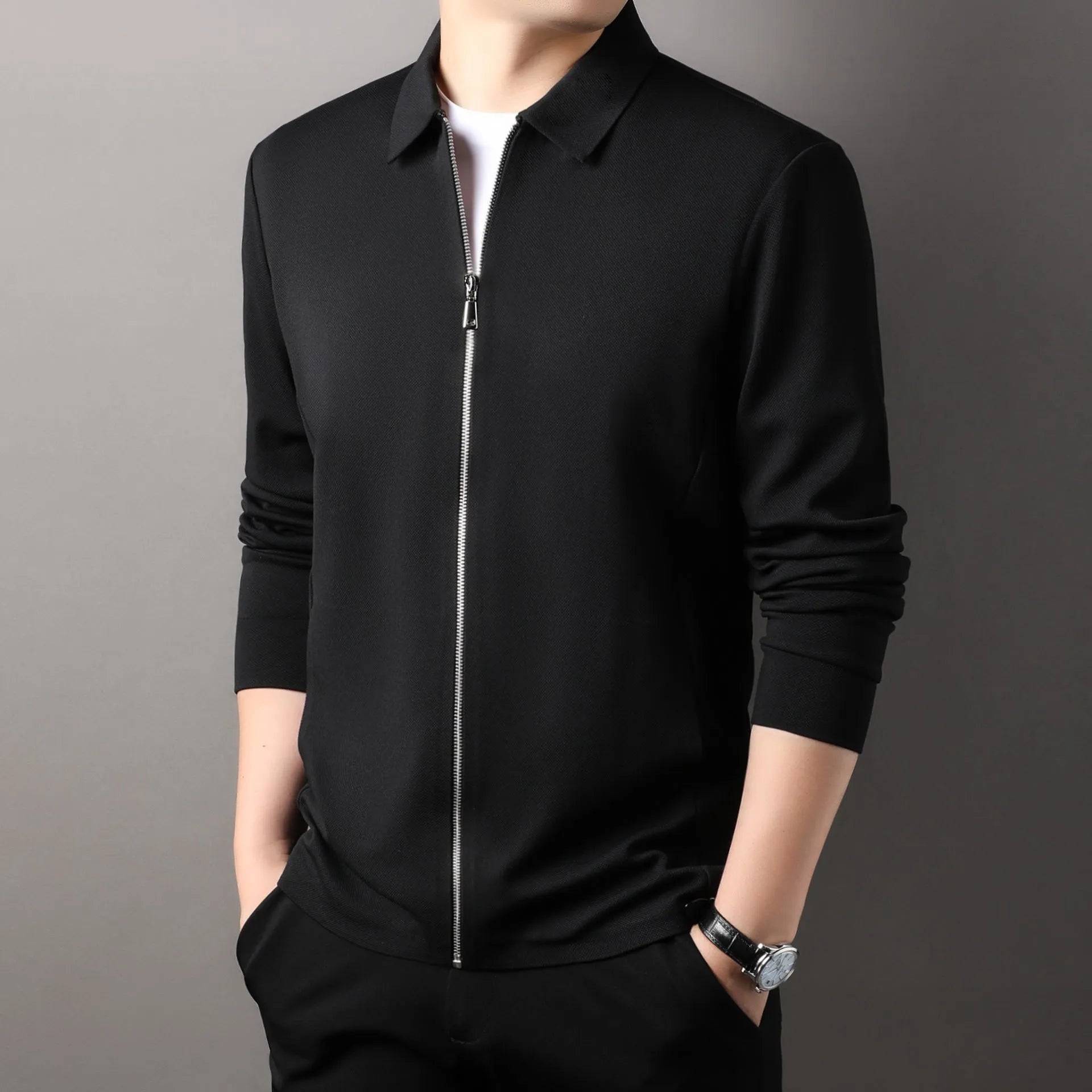 Men's polyester business casual jacket in black colour with straight hem and long sleeves