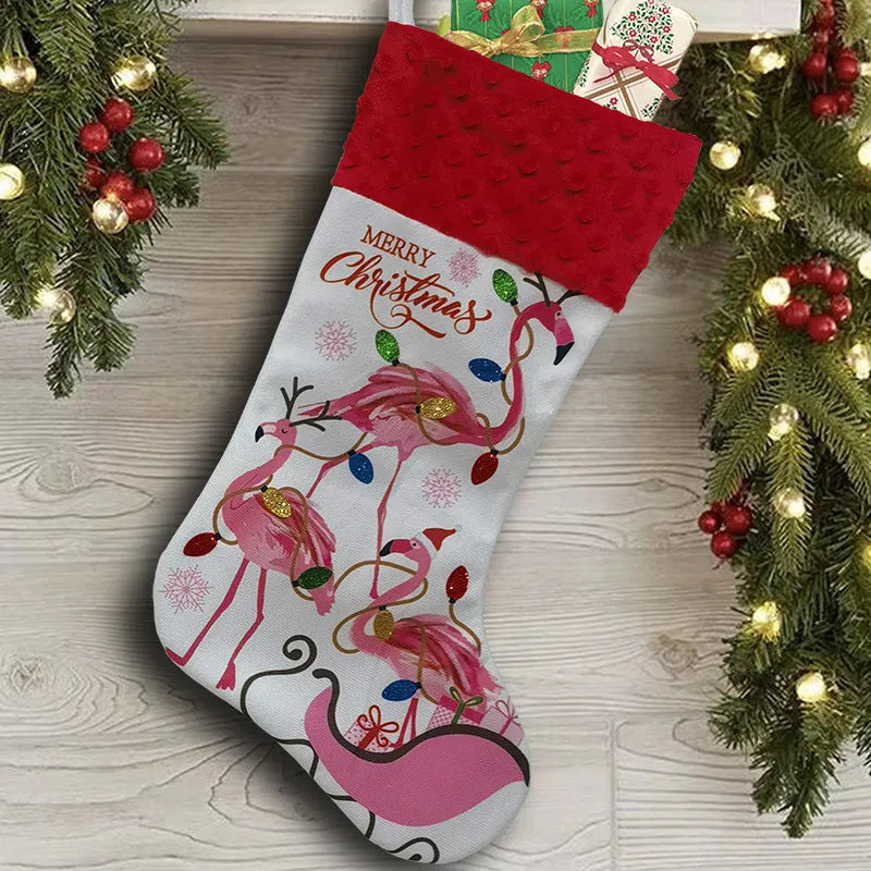 Flamingo pattern Christmas stocking decoration measuring 46 by 28 cm