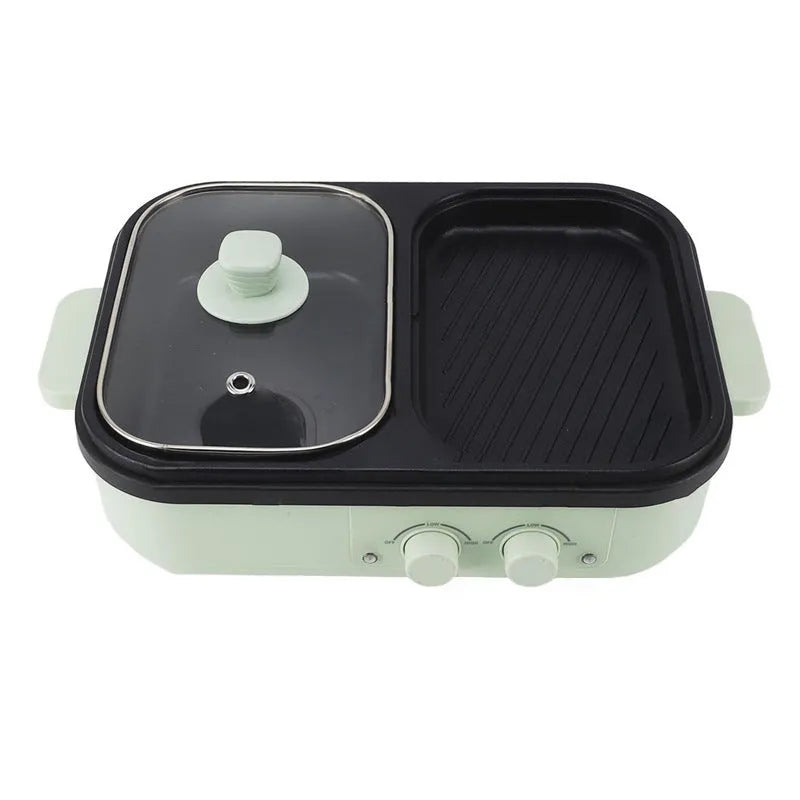 A white or green household electric hot pot appliance with mechanical controls, shown with its pot.
