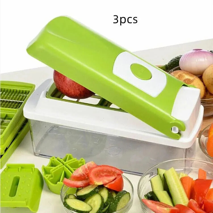 Green 12-piece manual vegetable chopper set with stainless steel blades and multiple attachments
