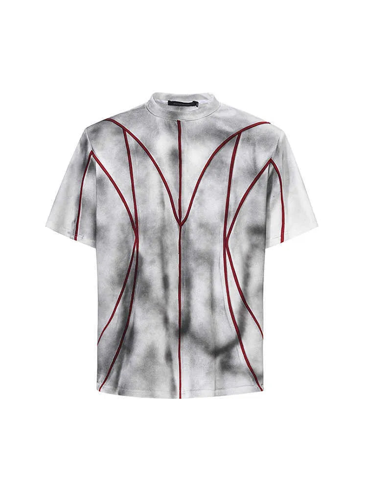 Women's short sleeve T-shirt with padded shoulders and textured 3D line patchwork detail on a round neck top.