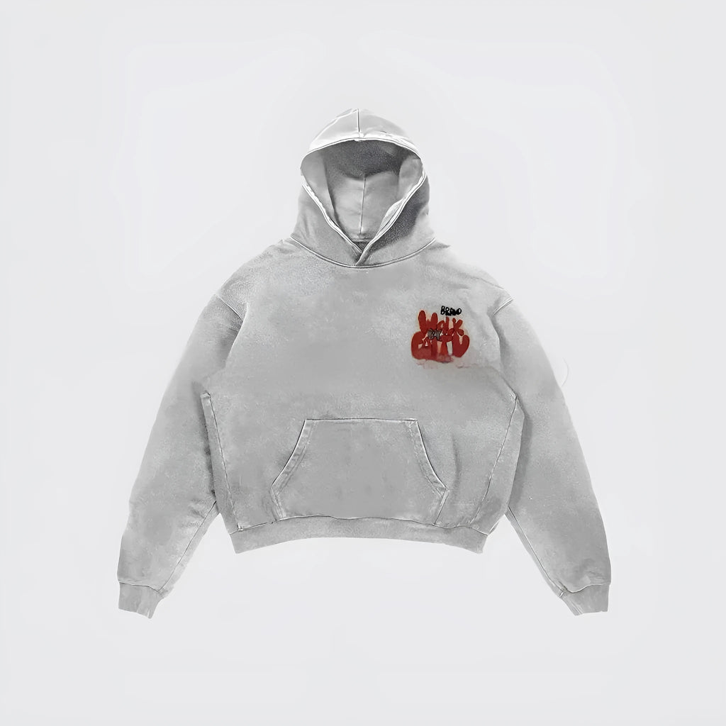 Granny Grey women's hoodie with vintage character print, long sleeves, and pockets.