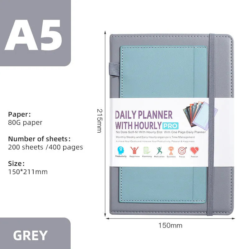 Creative trend notebook with PU cover, open to show undated strap and wood-free paper, with colour options displayed.