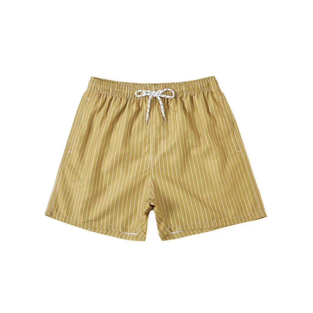 Men's striped beach shorts in navy blue, available in Asian sizes S to XXL with a straight-leg opening.