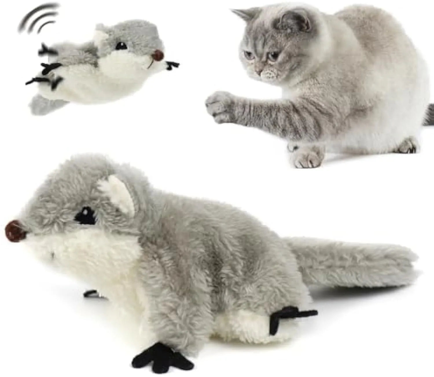 Grey flapping squirrel cat toy with motion sensor, USB charging port, and soft plush material