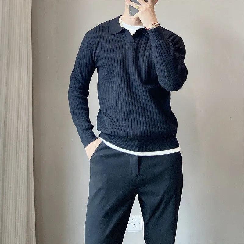 Modal rabbit fur knitted sweater with striped lapel collar in loose elastic fit