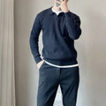 Modal rabbit fur knitted sweater with striped lapel collar in loose elastic fit