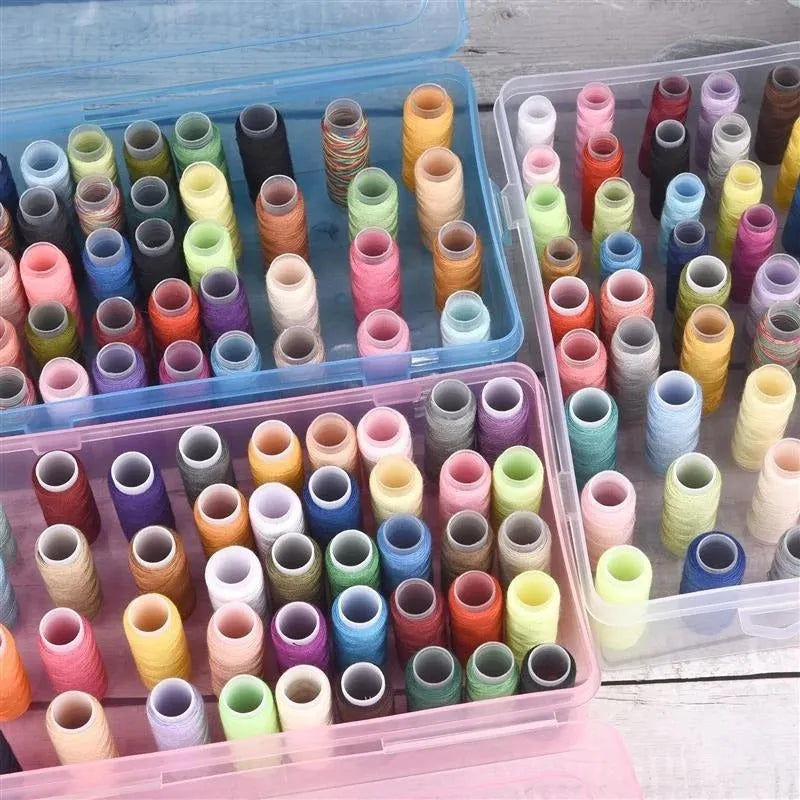 42-compartment plastic storage box for embroidery thread organisation in transparent, pink, or blue colours