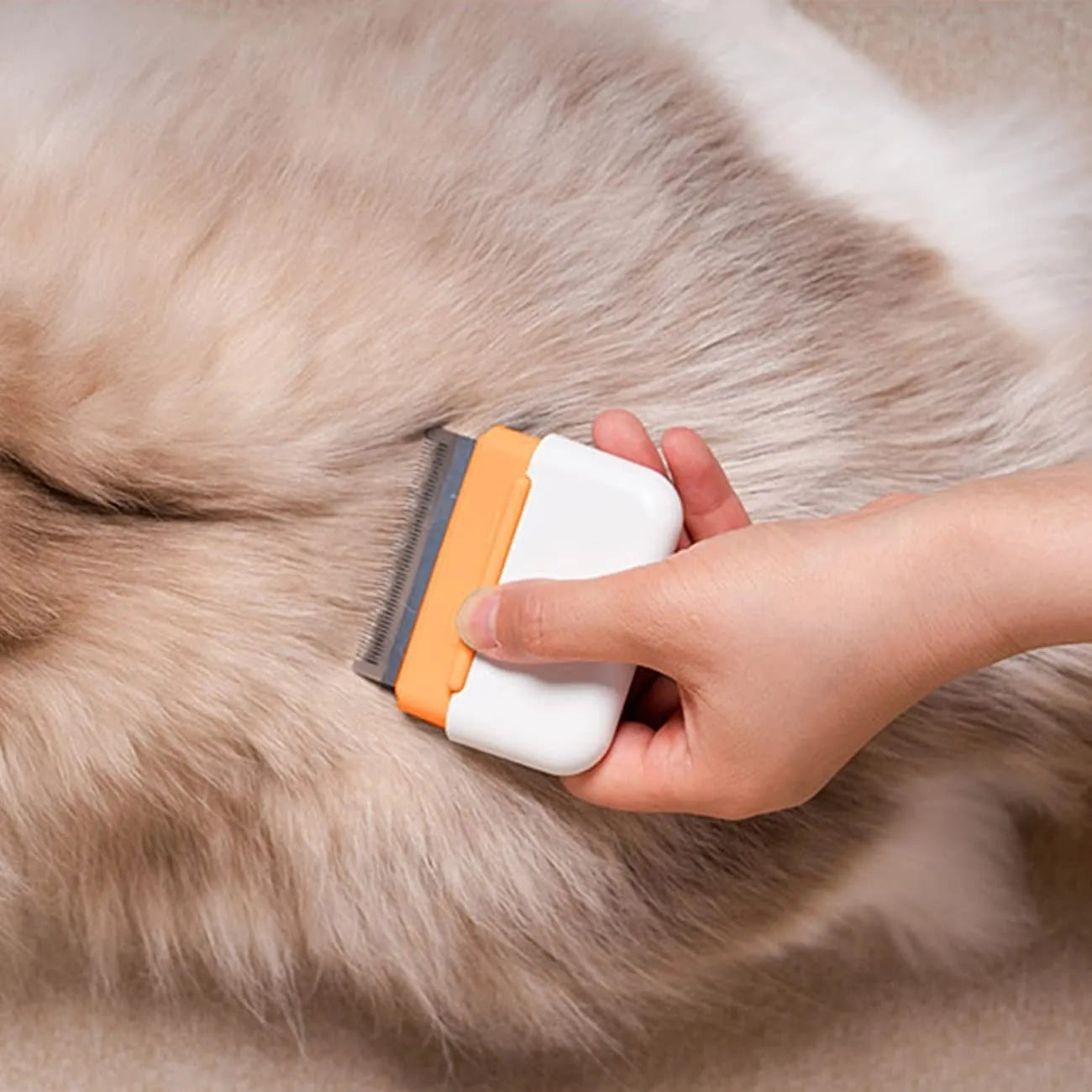Blue double-sided pet grooming comb for deshedding and massage on cats and dogs.