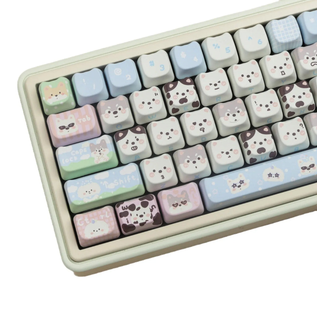 PBT key cap set with colourful cat and puppy sublimation designs for mechanical keyboards