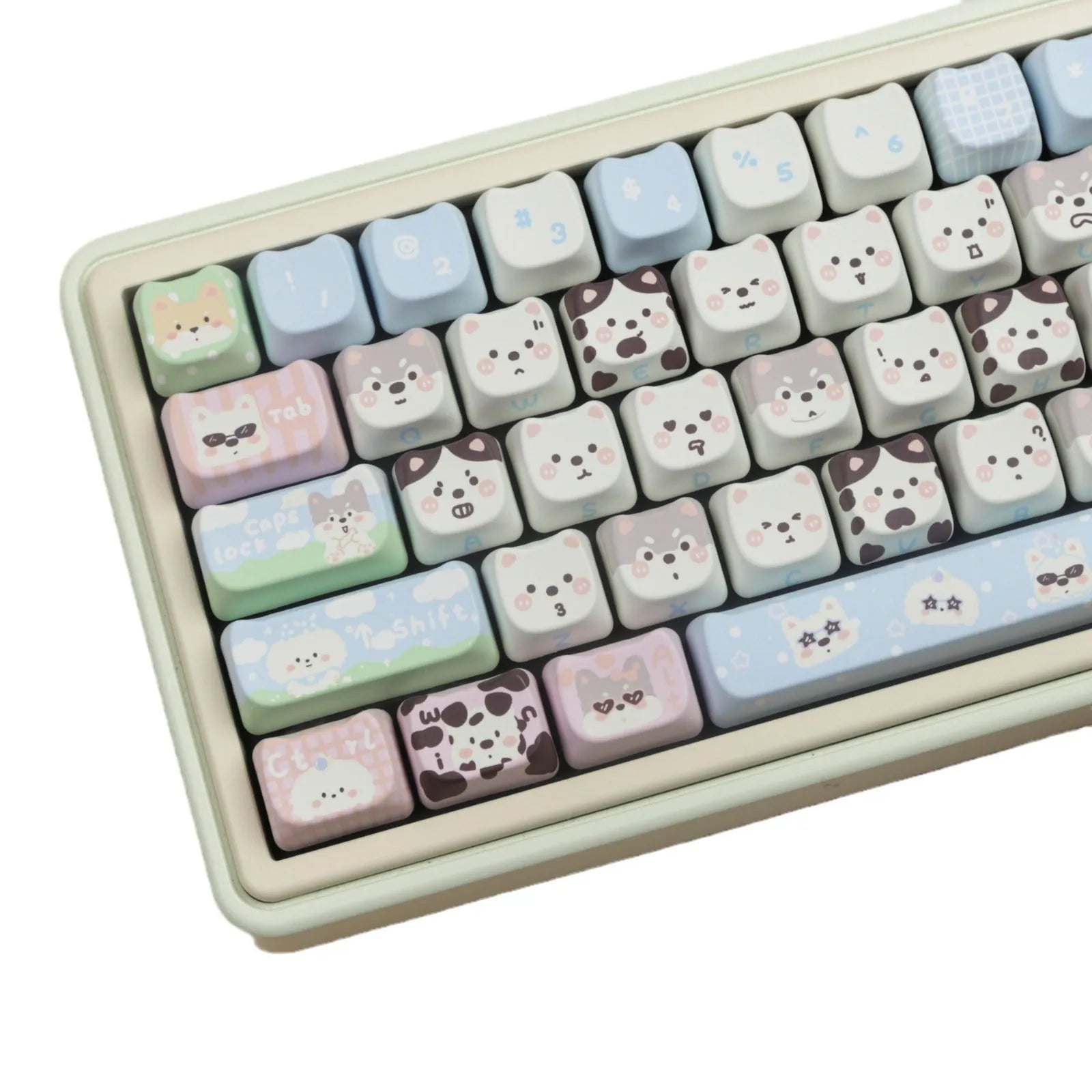 PBT key cap set with colourful cat and puppy sublimation designs for mechanical keyboards