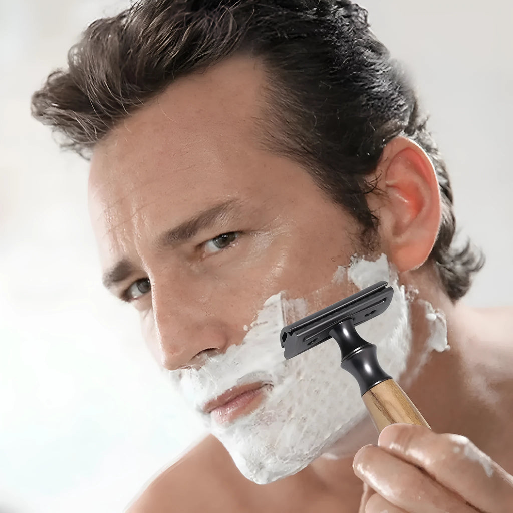 Men's copper manual shaving razor with Olivewood handle and aluminium alloy components