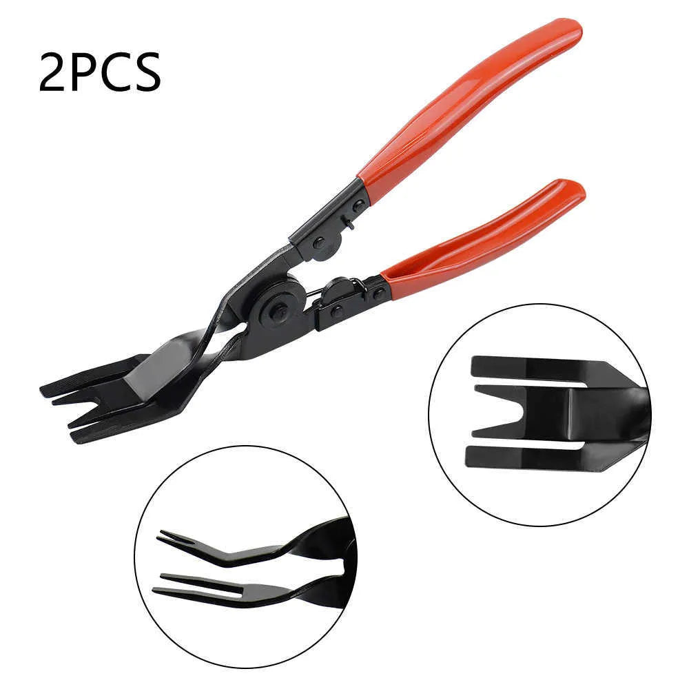 Red-handled automotive clip driver tool for GM door panel repairs with light switch pliers
