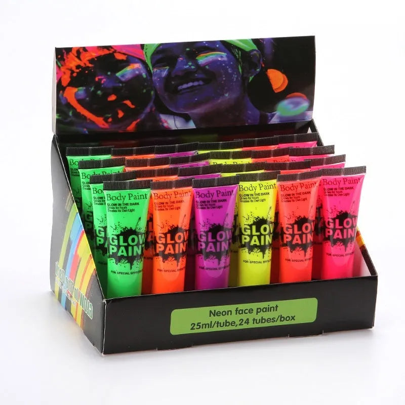 Non-toxic neon face and body paint tubes in red, yellow, green, purple, orange and pink colours.