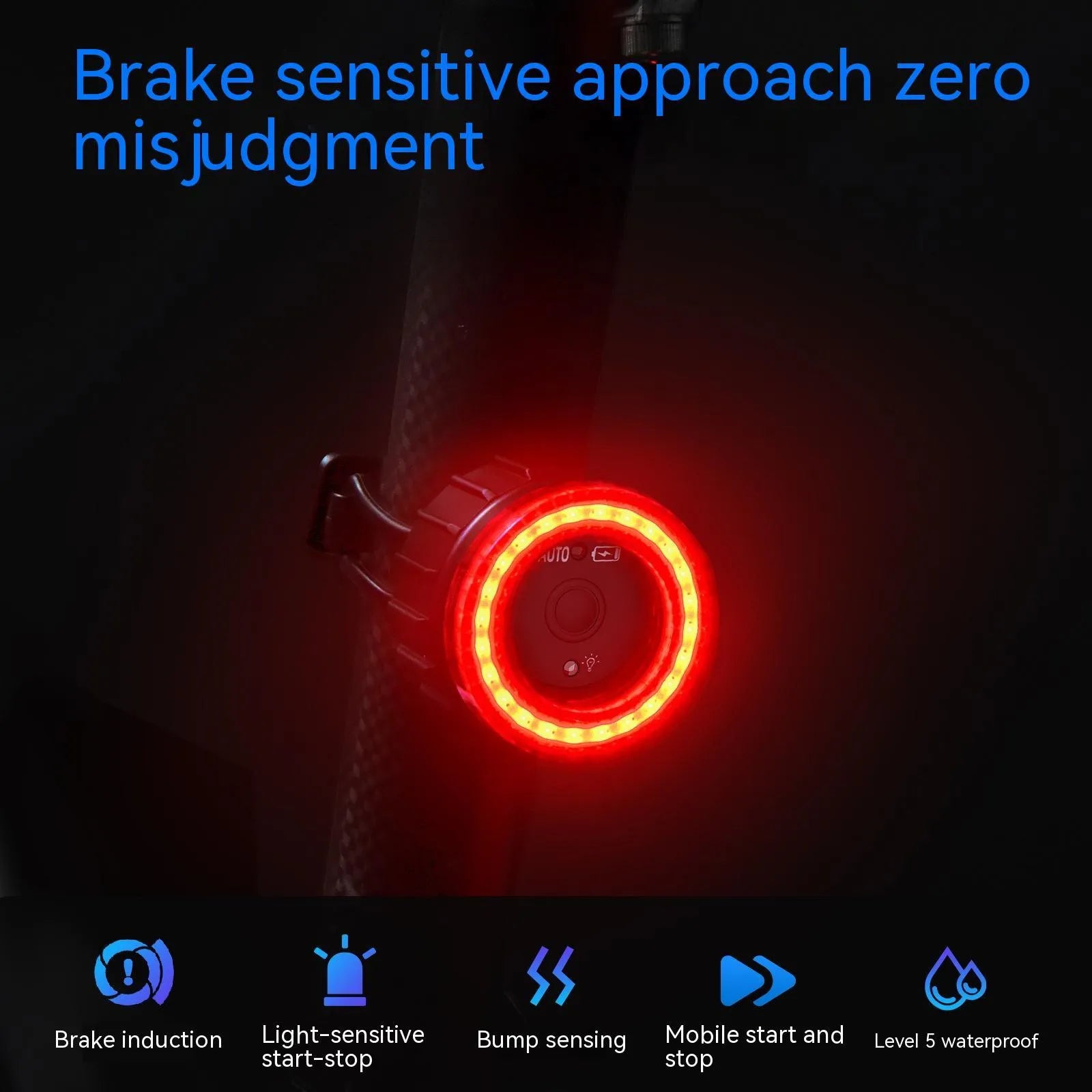 Black intelligent induction brake taillight for bicycles with aluminium alloy housing and dual mounting brackets