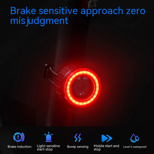 Black intelligent induction brake taillight for bicycles with aluminium alloy housing and dual mounting brackets