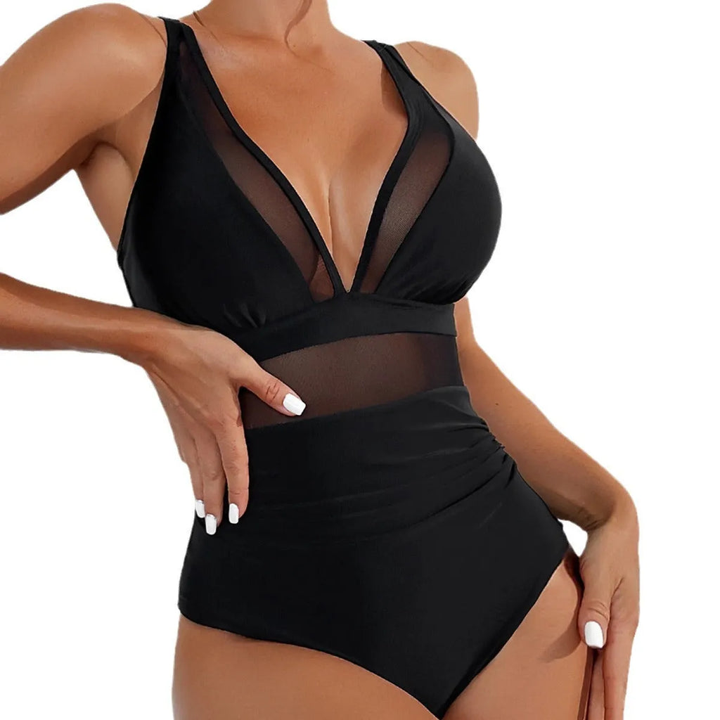 Black mesh halter one-piece swimsuit for women with briefs style